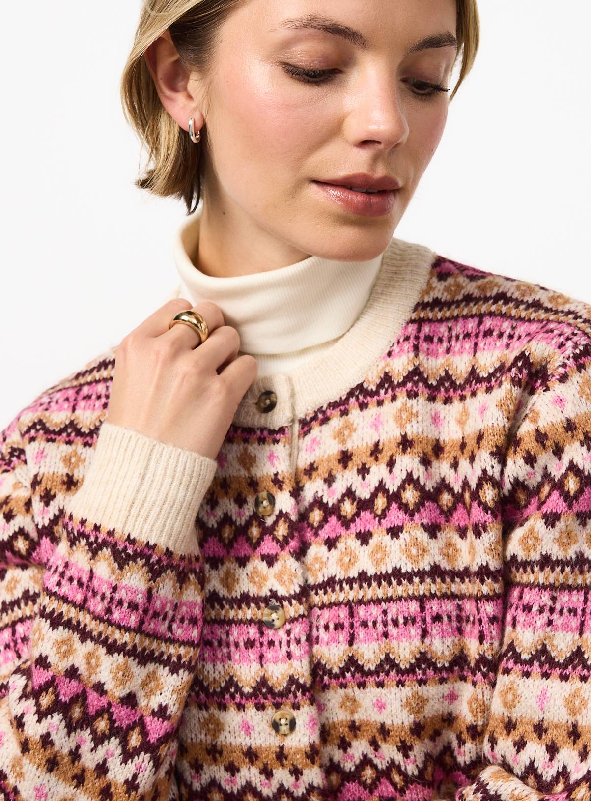 Multi-Coloured Fairisle-Style Crewneck Cardigan M - Image 3